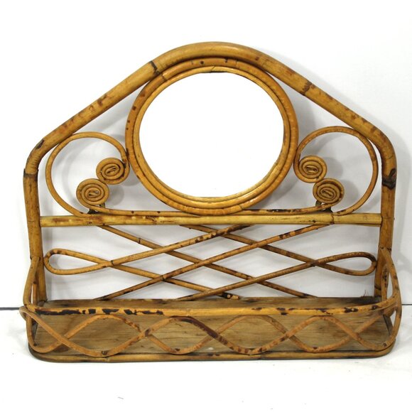 Vintage 1970's Bamboo Aged Wall Shelf Round Mirror Boho Retro As-Is - Picture 9 of 10